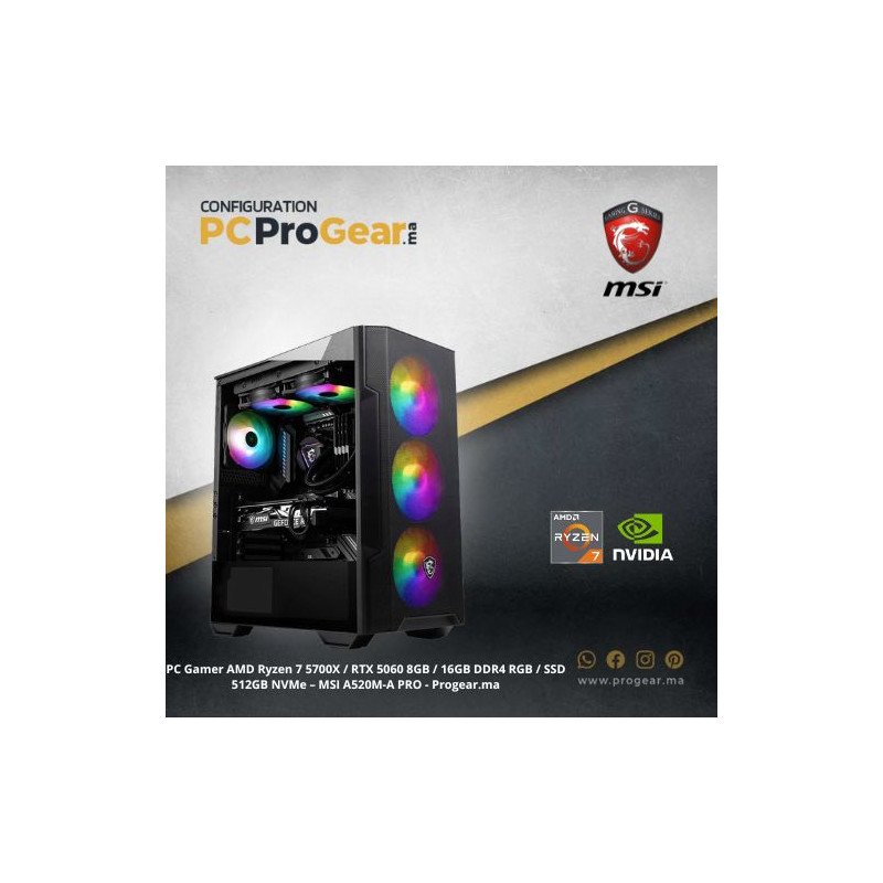 PC Gamer AMD Ryzen 7 5700X / RTX 5060 8GB / 16GB DDR4 RGB / SSD 512GB NVMe – MSI A520M-A PRO