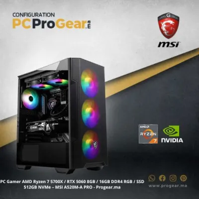PC Gamer AMD Ryzen 7 5700X / RTX 5060 8GB / 16GB DDR4 RGB / SSD 512GB NVMe – MSI A520M-A PRO