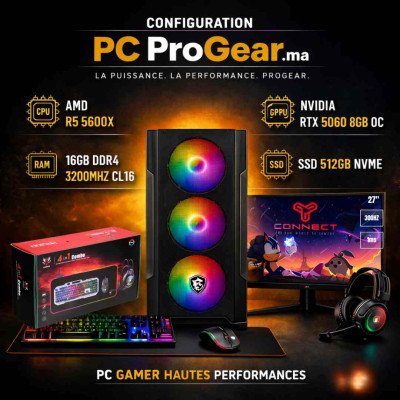 Setup Gamer complet / Ryzen 5 5600X / RTX 5060 / 16GB RGB / SSD 512GB / écran 27" 300Hz Fast IPS