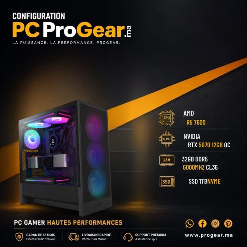PC Gamer AM5 Ryzen 5 7600 / RTX 5070 / 32Go DDR5 6000MHz / SSD 1TB NVMe / B850 WIFI6E / AIO 360