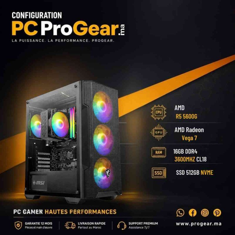 PC Gamer Maroc AMD Ryzen 5 5600G | 16Go DDR4 | SSD 512Go NVMe | Radeon Vega 7