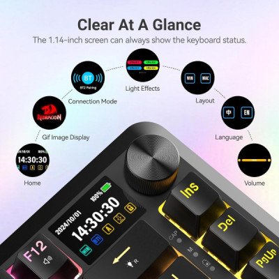 Redragon K708 Pro LCD Wireless Mechanical Keyboard (Black)